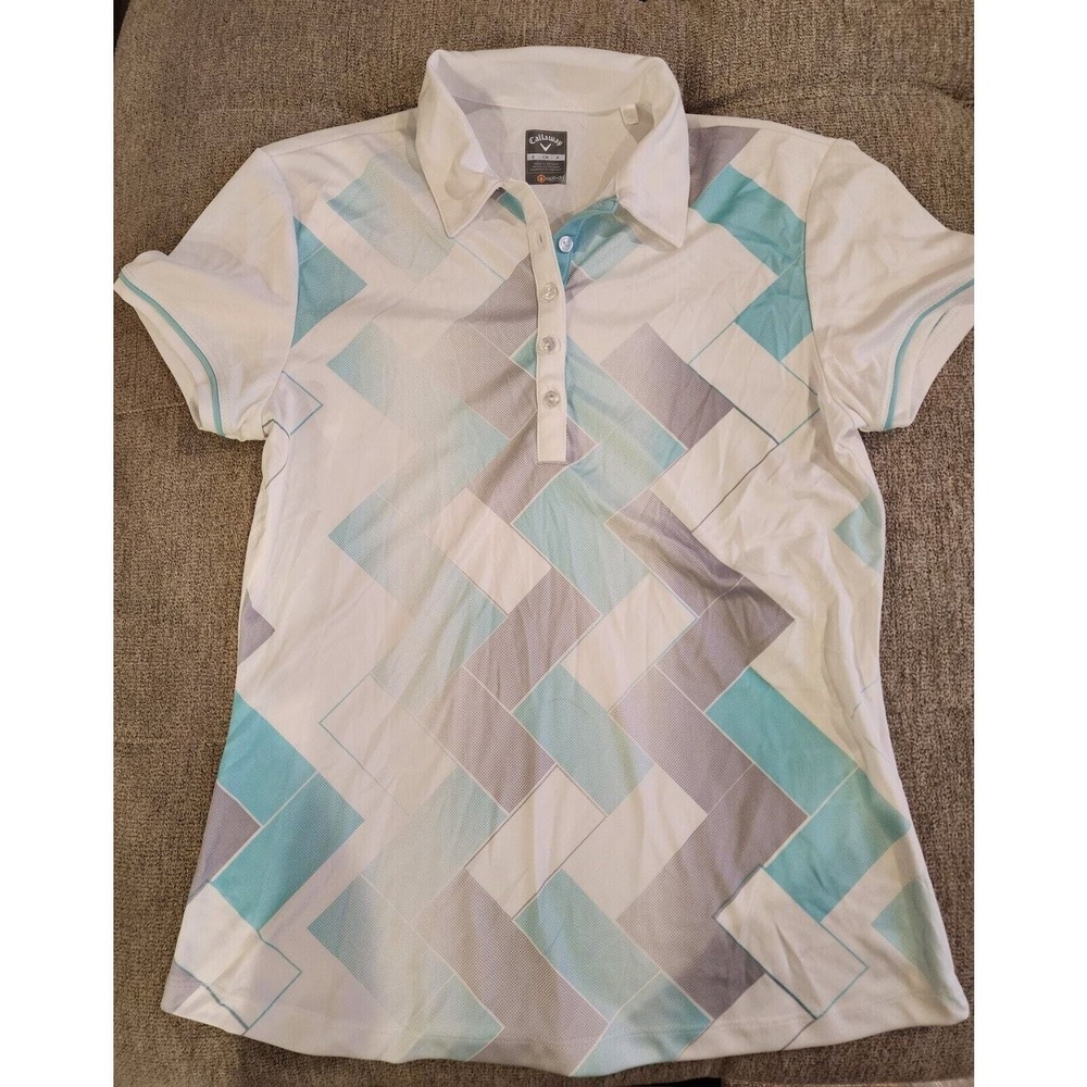 Callaway Womens Opti-Dri Performance PoloShirt WhiteAqua GeoPrint Sz S Golf Rare